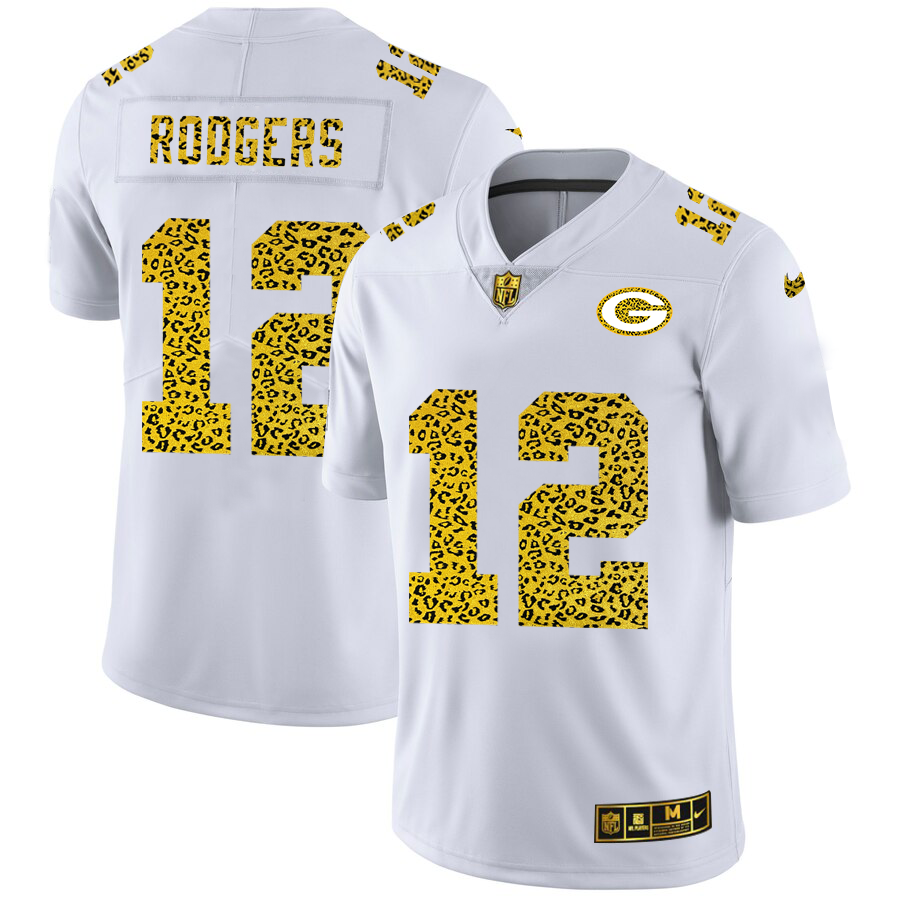 Green Bay Packers #12 Aaron Rodgers Men Nike Flocked Leopard Print Vapor Limited NFL Jersey White